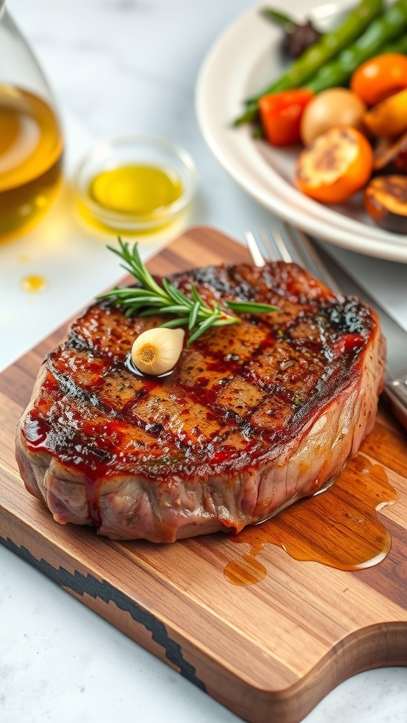 Perfectly Seared Steak on the Stovetop A perfectly seared steak on a cutting board, garnished with rosemary and garlic, with roasted vegetables in the background.